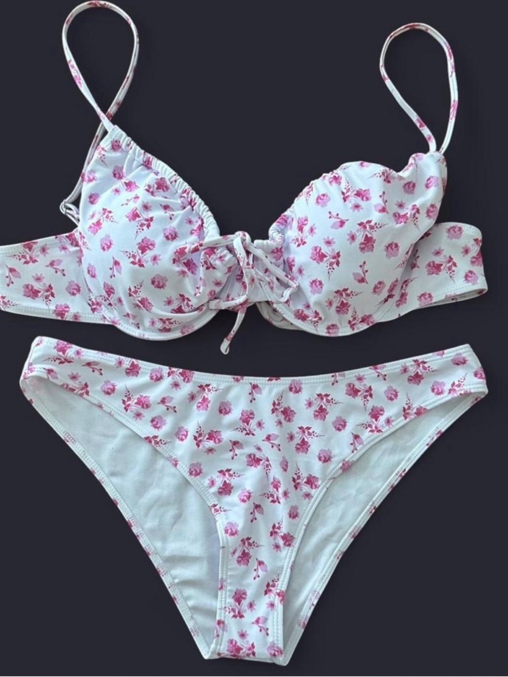 Floral Lace-Up Push-Up Bra & Bikini Set - White with Pink Floral